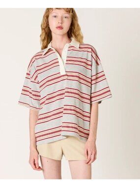 NIA Ronda Grey Striped Oversized Short Sleeve Polo Top Size Small